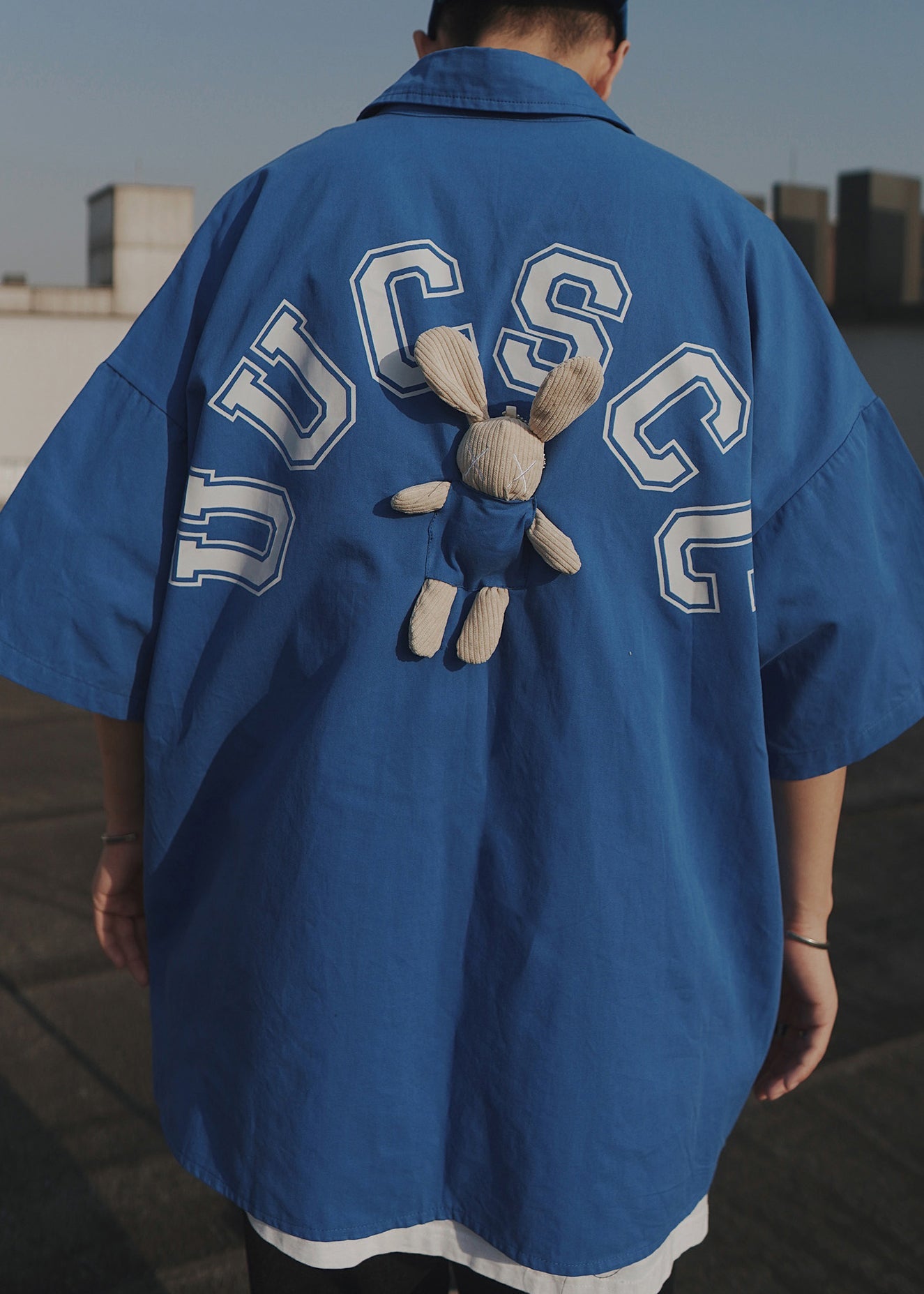 Casual Letter Shirts Oversized Cotton Men T Half Patchwork Sleeve Blue