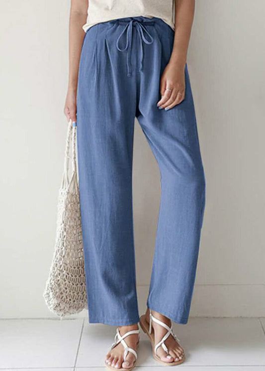 Cotton Pants Up Casual Pockets Lace Blue Summer