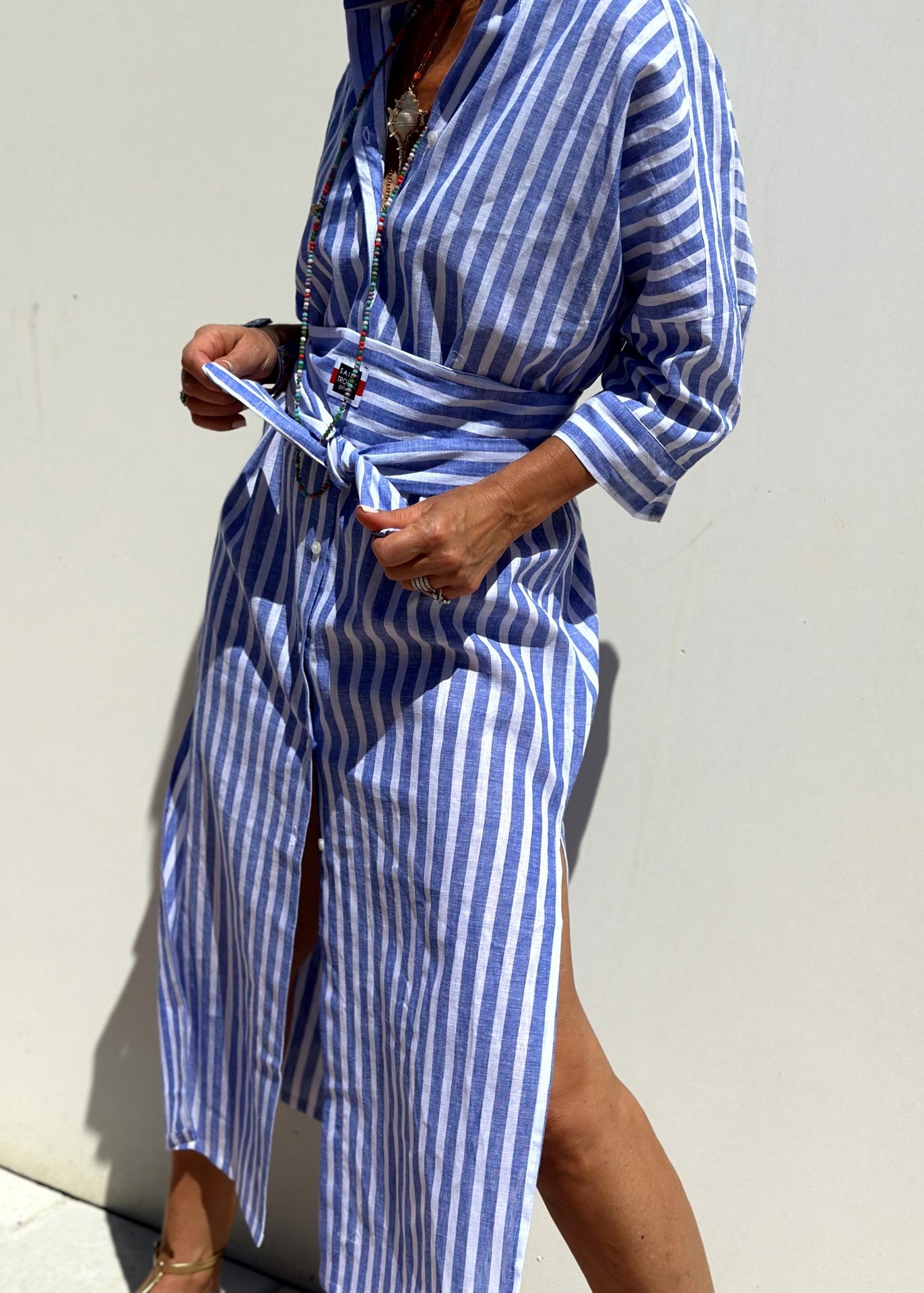 Casual Striped Dress Shirts Patchwork Side Bracelet Sleeve Open Long Blue