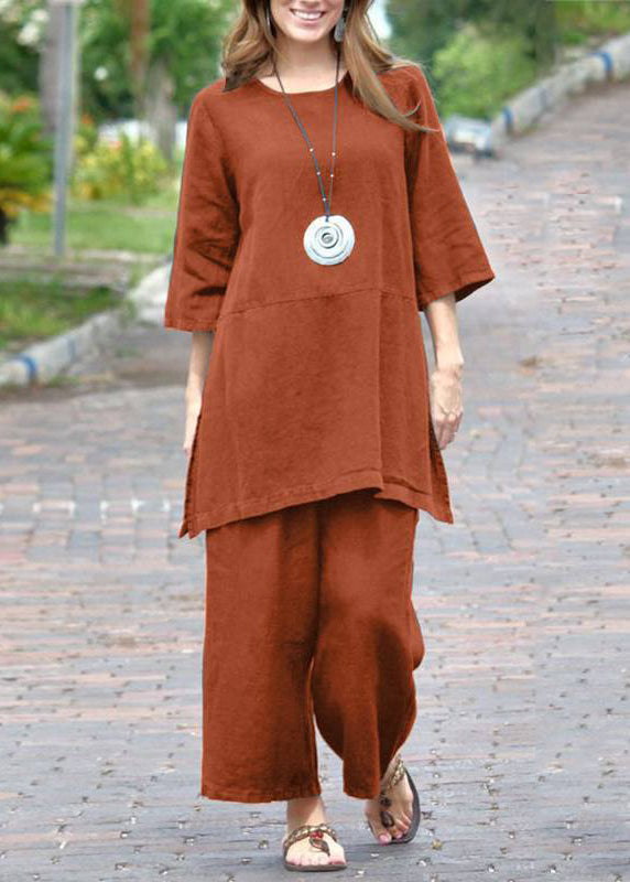 And Side Set Open Caramel Pieces Two Crop O-Neck Top Casual Pants