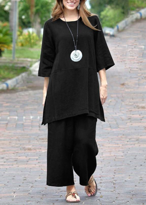 And Side Set Open Caramel Pieces Two Crop O-Neck Top Casual Pants