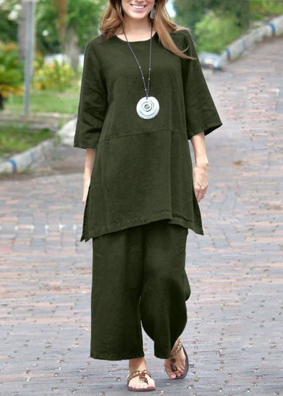 And Side Set Open Caramel Pieces Two Crop O-Neck Top Casual Pants