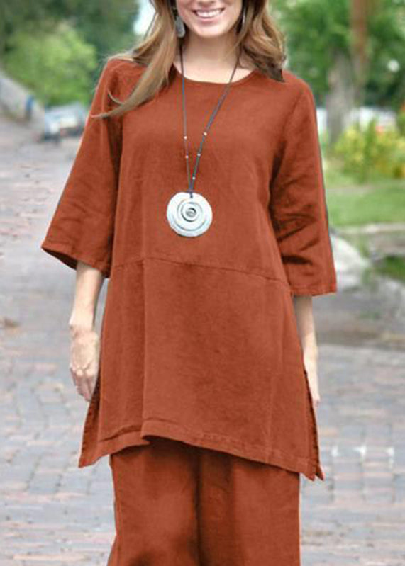 And Side Set Open Caramel Pieces Two Crop O-Neck Top Casual Pants