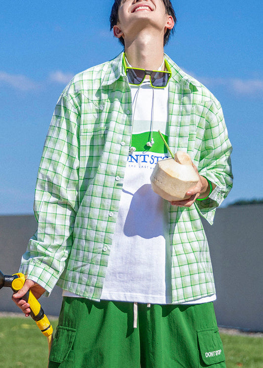 Oversized Men Spring Green Button Shirts Cotton Plaid Casual