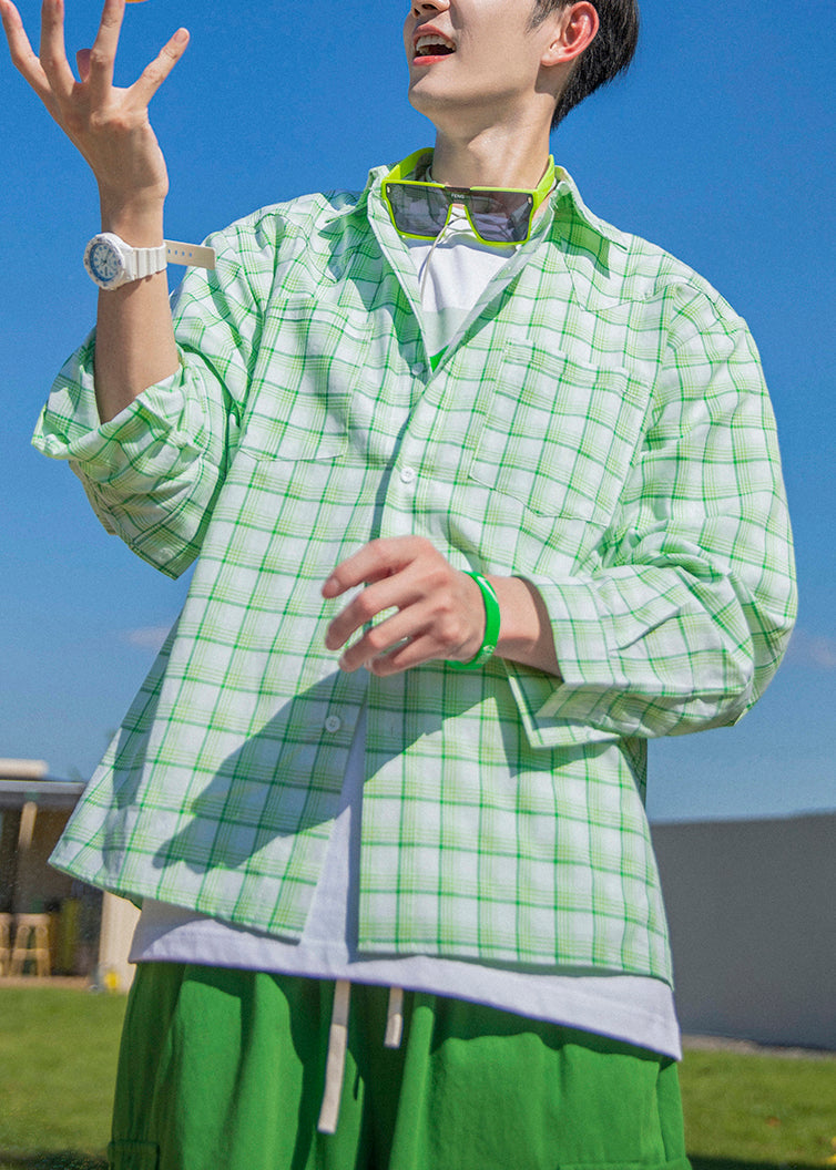 Oversized Men Spring Green Button Shirts Cotton Plaid Casual