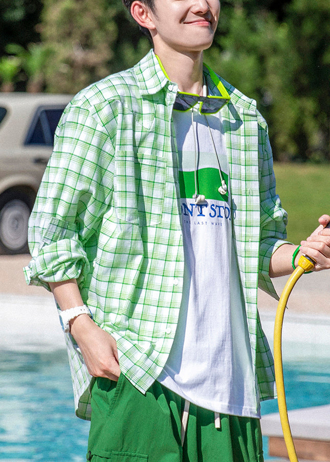 Oversized Men Spring Green Button Shirts Cotton Plaid Casual