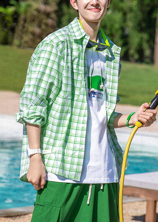 Oversized Men Spring Green Button Shirts Cotton Plaid Casual