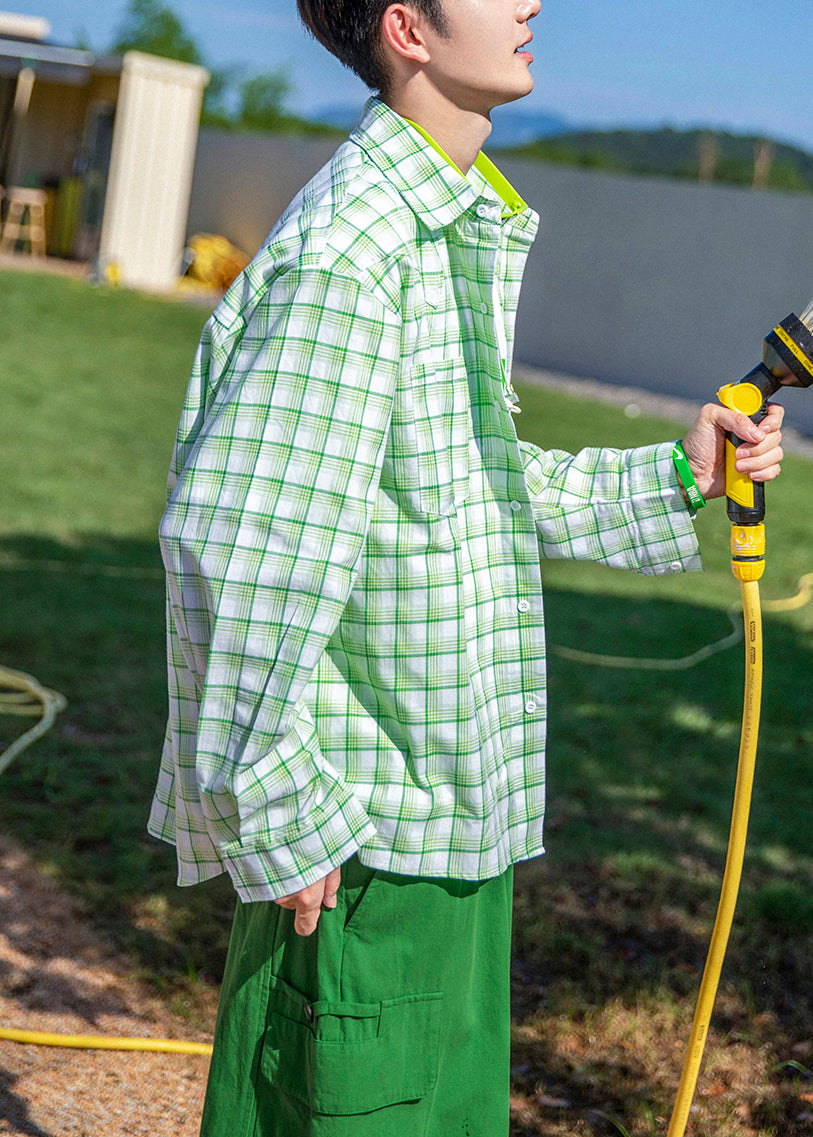 Oversized Men Spring Green Button Shirts Cotton Plaid Casual