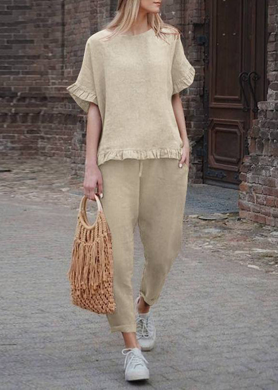 Pieces Ruffled Two Pants Khaki Set Crop Patchwork And Top Casual