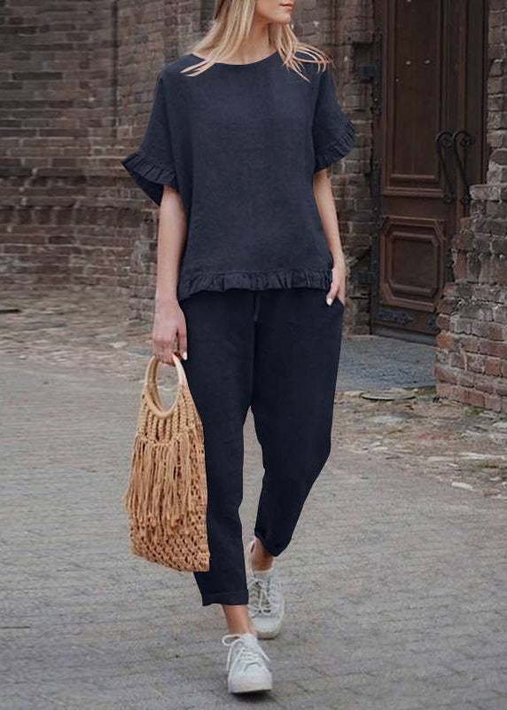 Pieces Ruffled Two Pants Khaki Set Crop Patchwork And Top Casual