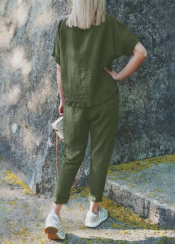 Pieces Ruffled Two Pants Khaki Set Crop Patchwork And Top Casual