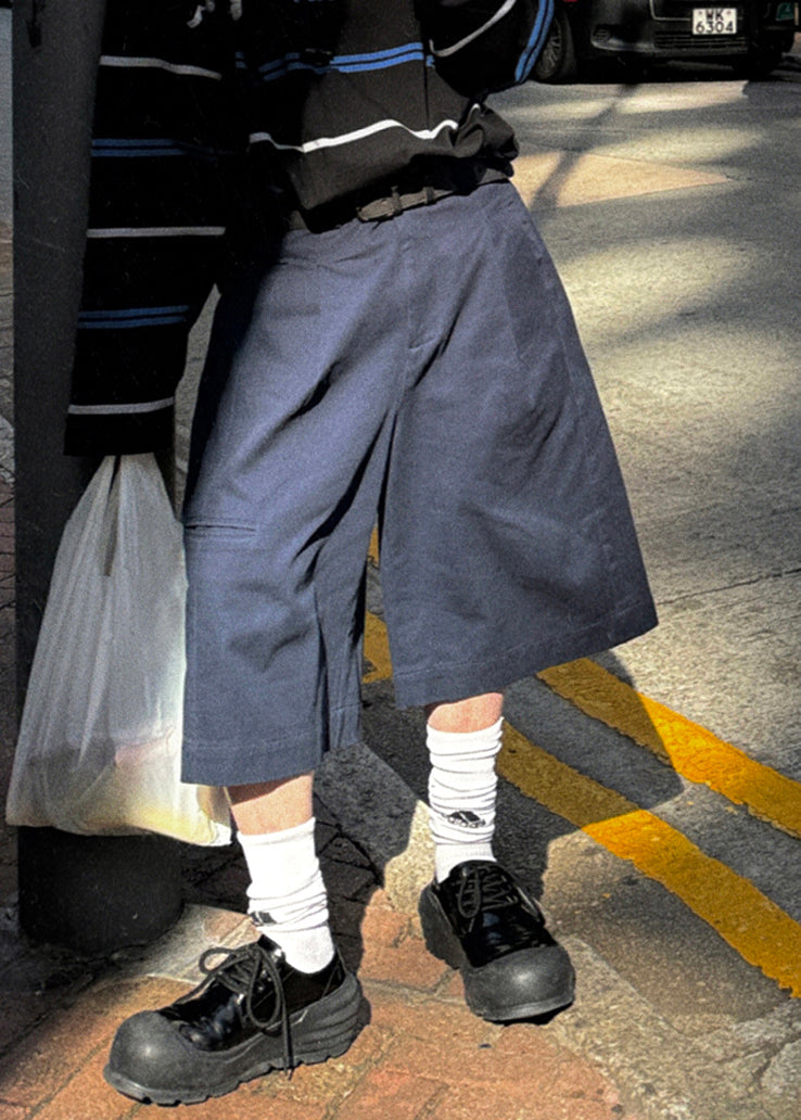 Waist Crop High Pockets Cotton Pants Navy Summer Men Casual