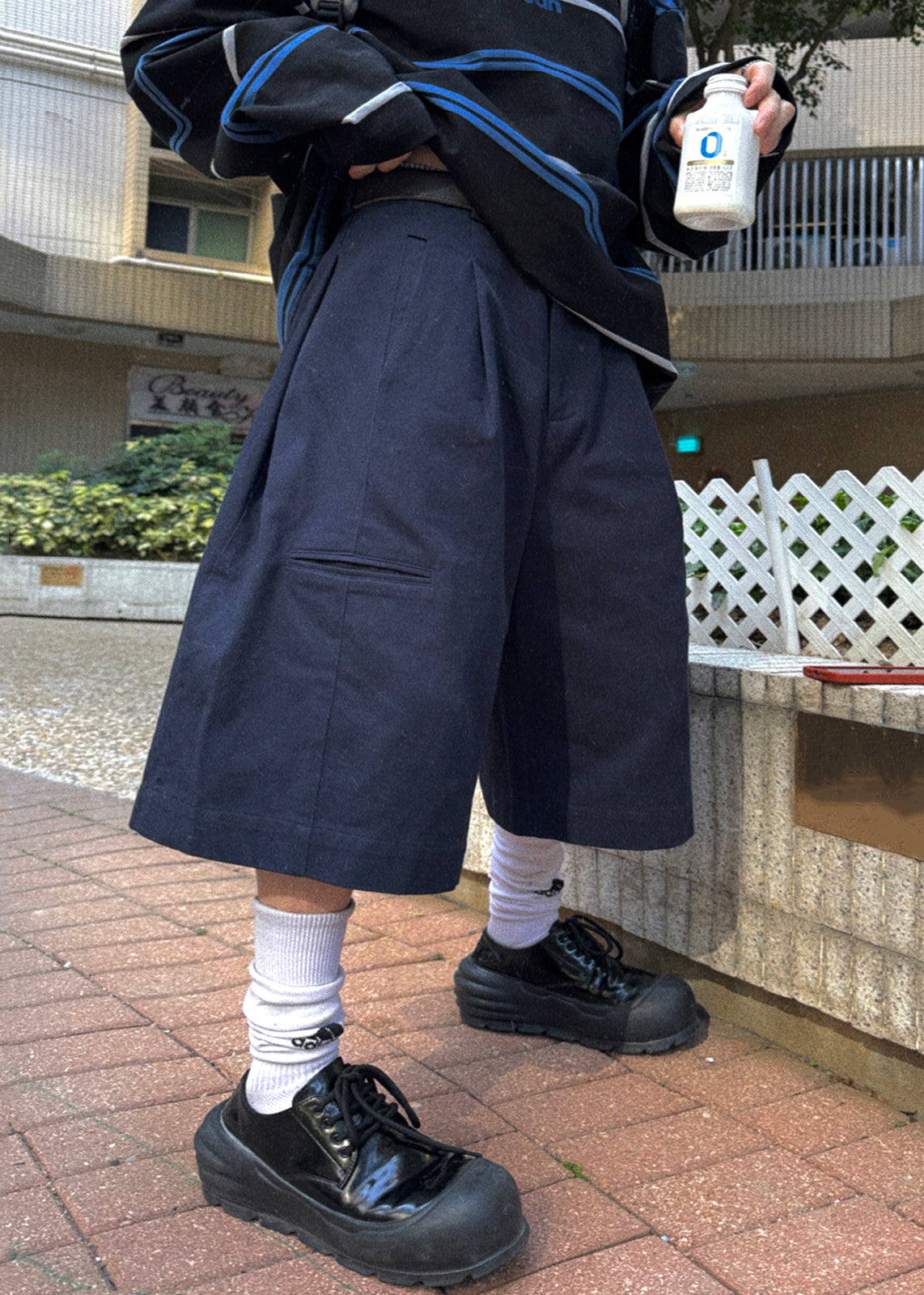 Waist Crop High Pockets Cotton Pants Navy Summer Men Casual