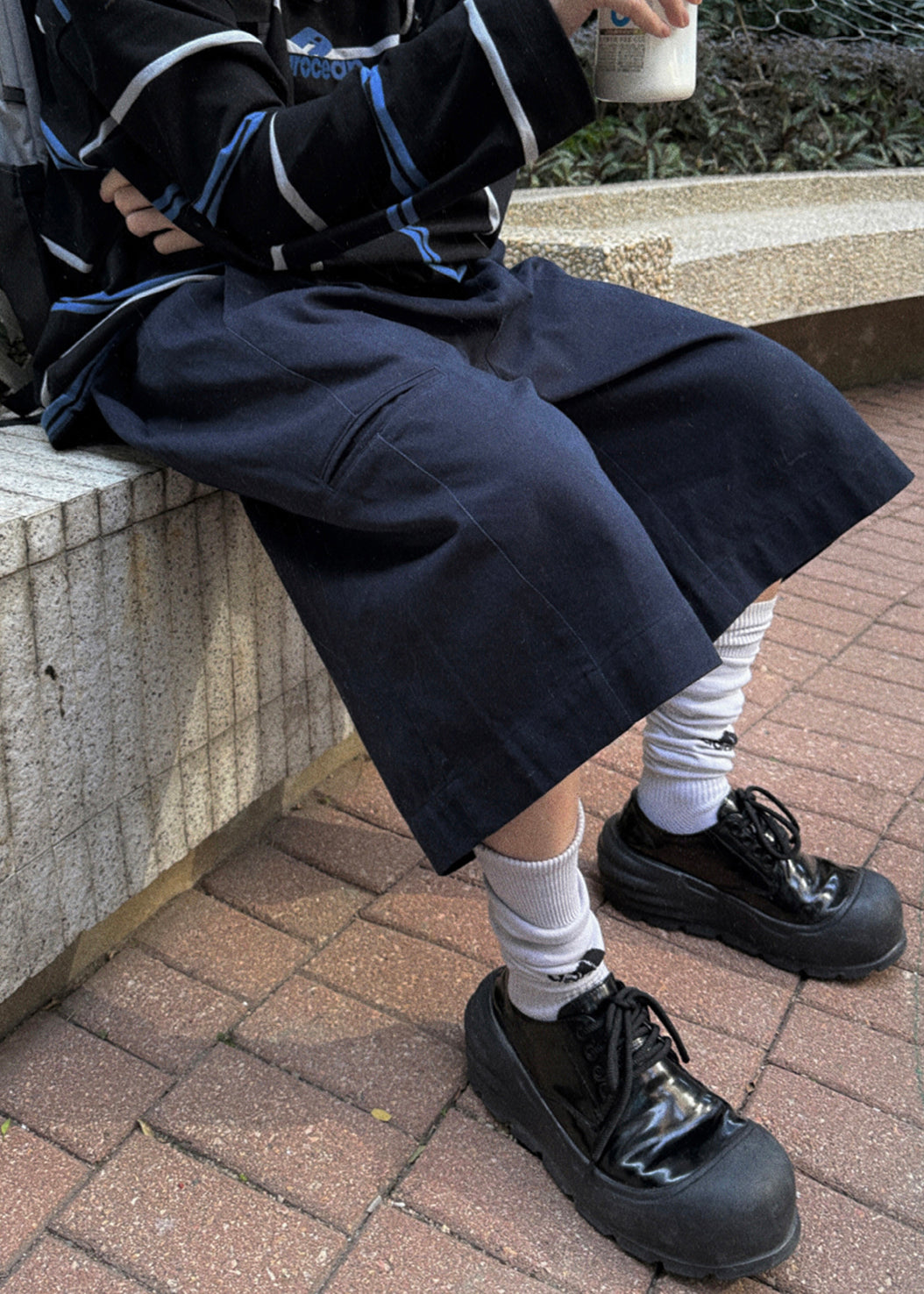 Waist Crop High Pockets Cotton Pants Navy Summer Men Casual