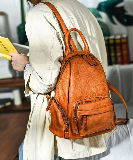 Casual Orange Handbag Leather Tote Capacity Large Backpack