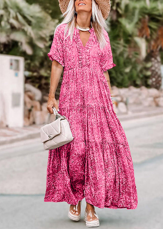 Print Long Summer Casual Dresses Pink Neck V