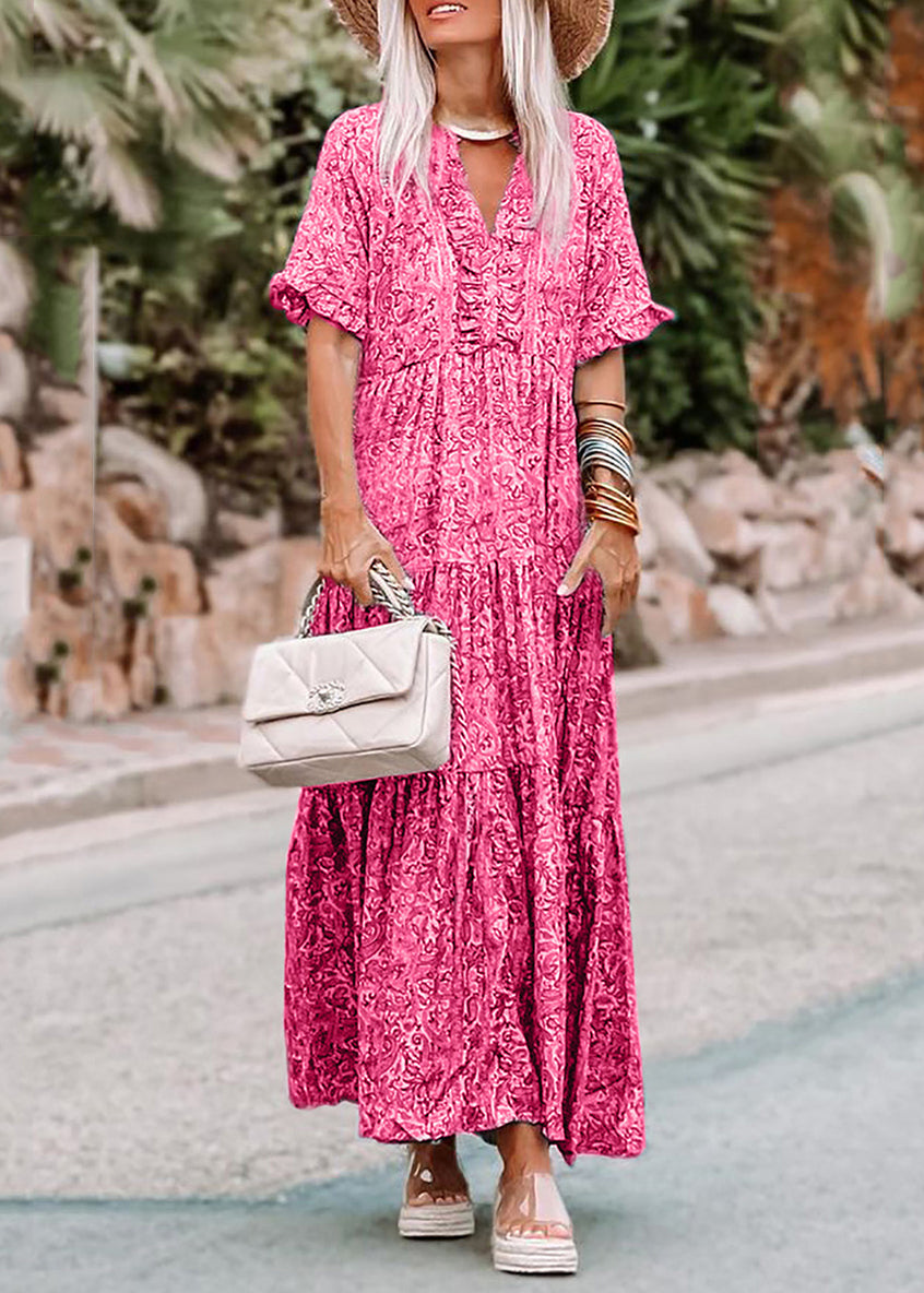 Print Long Summer Casual Dresses Pink Neck V