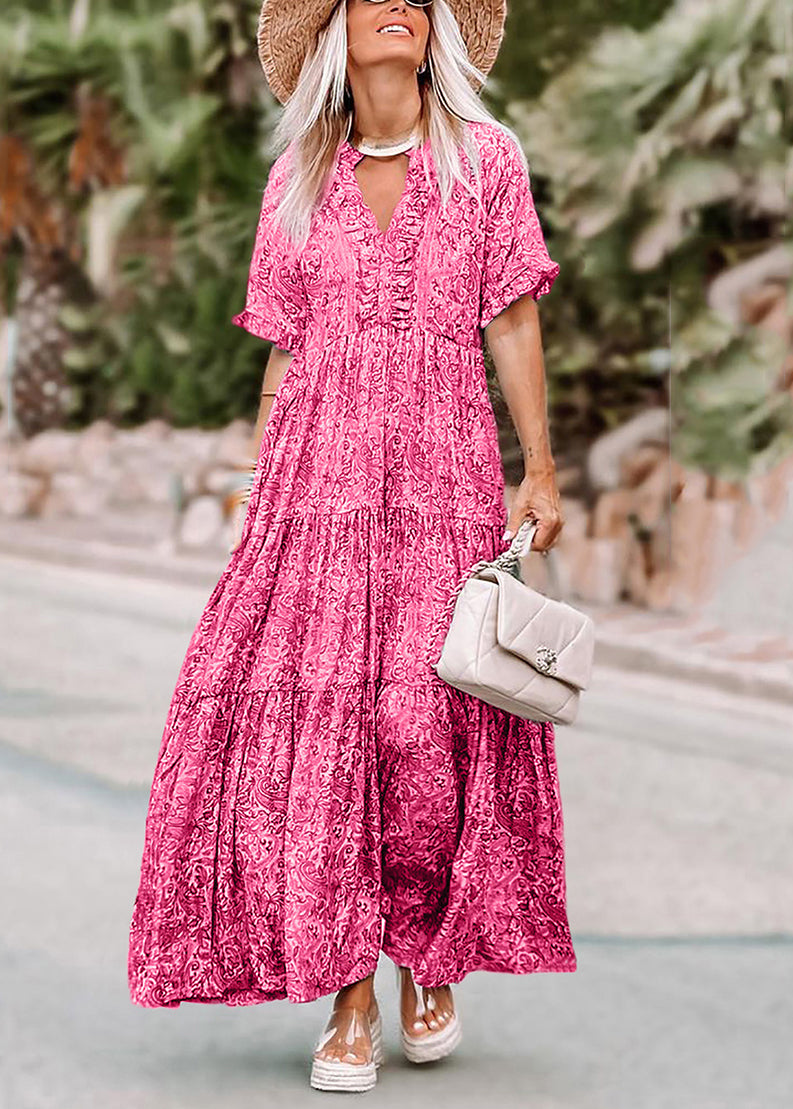 Print Long Summer Casual Dresses Pink Neck V