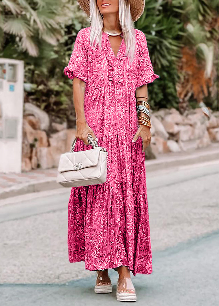 Print Long Summer Casual Dresses Pink Neck V