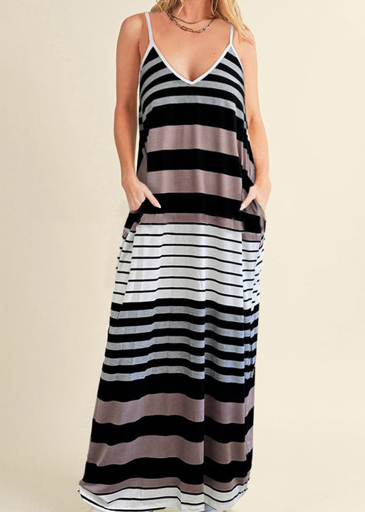 Spaghetti Maxi Pockets Casual Dress Summer Strap Striped Neck V