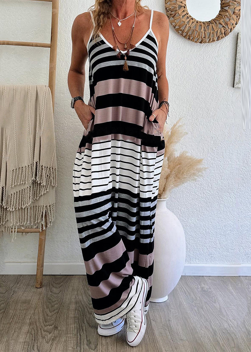 Spaghetti Maxi Pockets Casual Dress Summer Strap Striped Neck V