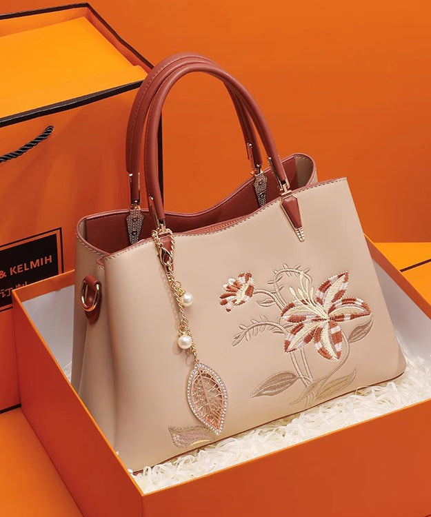 Embroidery Chic Calf Apricot Bag Tote Leather