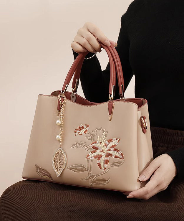 Embroidery Chic Calf Apricot Bag Tote Leather