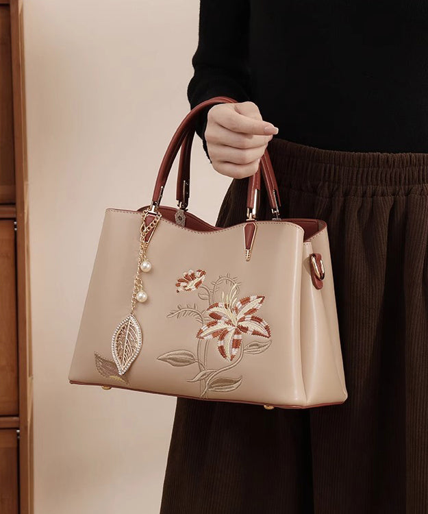 Embroidery Chic Calf Apricot Bag Tote Leather