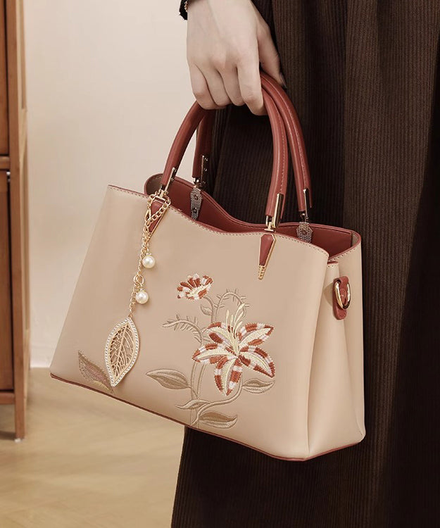 Embroidery Chic Calf Apricot Bag Tote Leather