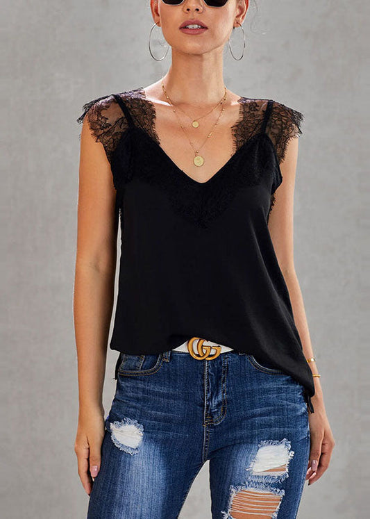 Chic Black Patchwork Lace Summer Vests