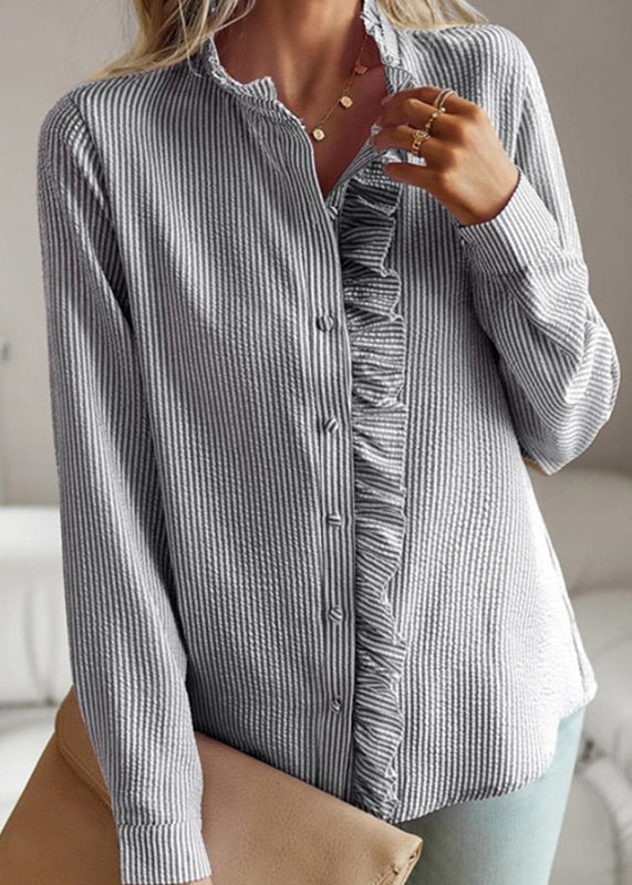 Collar Shirts Sleeve Lantern Ruffled Chic Stand Black