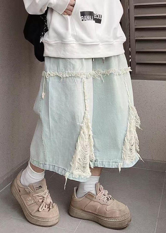 Waist Elastic Men Shorts Hole Chic Denim Blue Summer