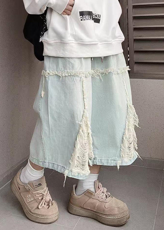 Waist Elastic Men Shorts Hole Chic Denim Blue Summer