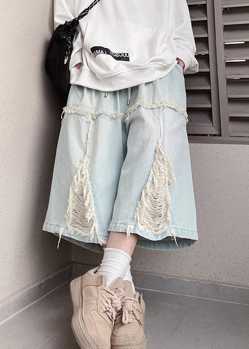 Waist Elastic Men Shorts Hole Chic Denim Blue Summer