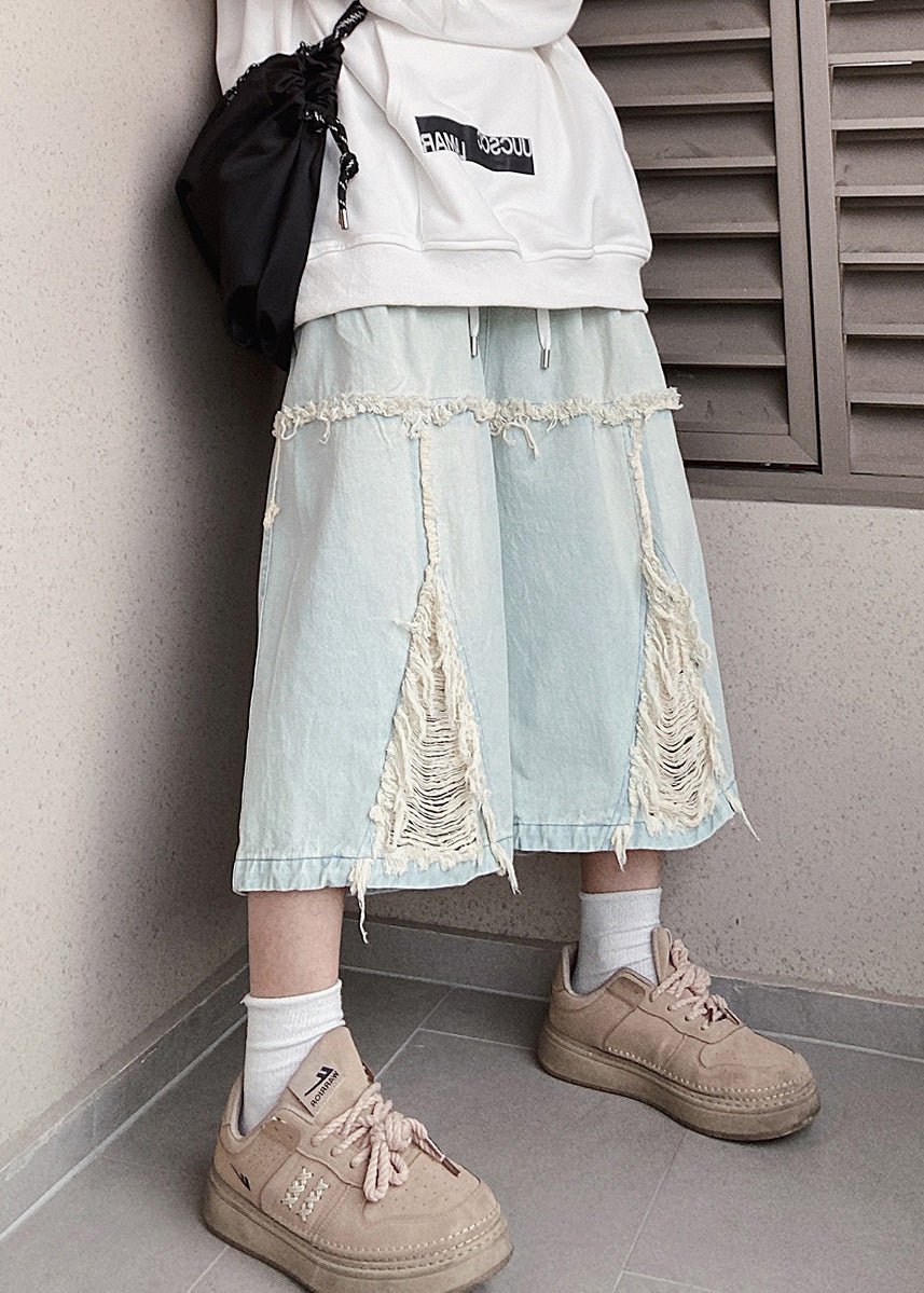 Waist Elastic Men Shorts Hole Chic Denim Blue Summer