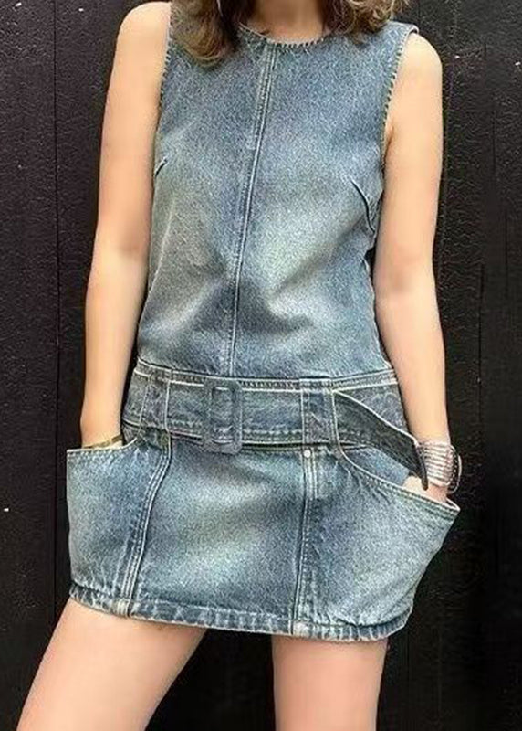 Sleeveless Denim Blue Sashes Patchwork Mid Dress O-Neck Chic
