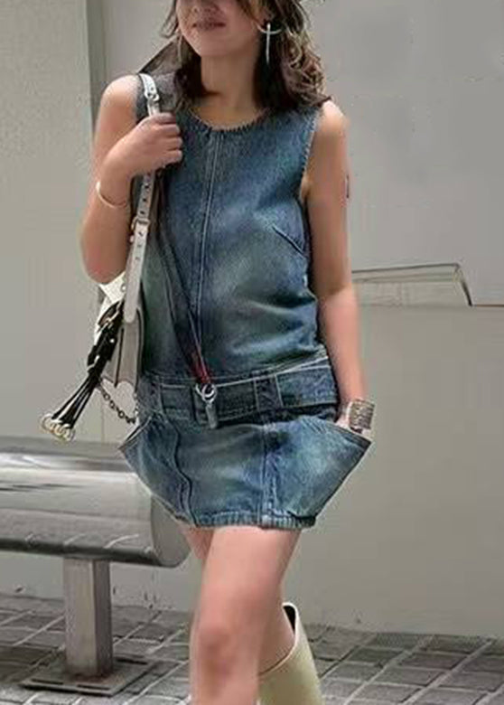 Sleeveless Denim Blue Sashes Patchwork Mid Dress O-Neck Chic