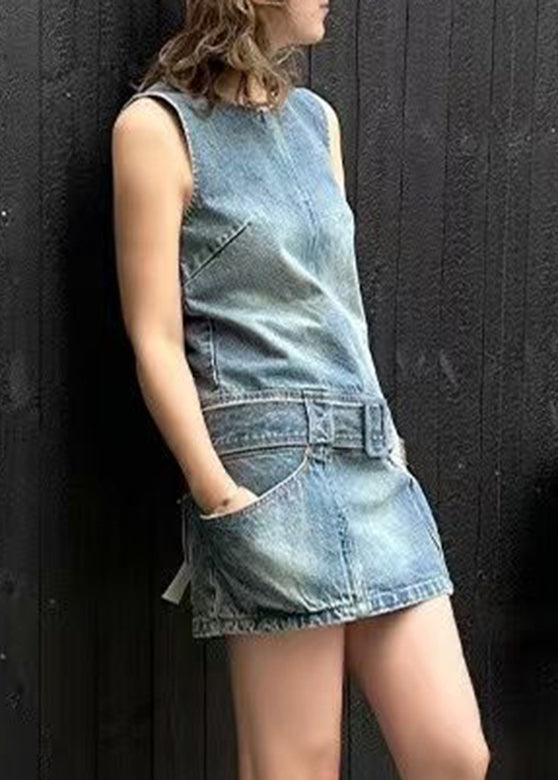 Sleeveless Denim Blue Sashes Patchwork Mid Dress O-Neck Chic