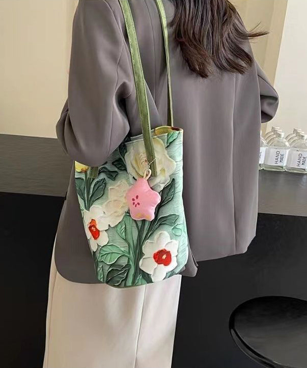 Large Chic Paitings Bucket Grass Bag Green Capacity