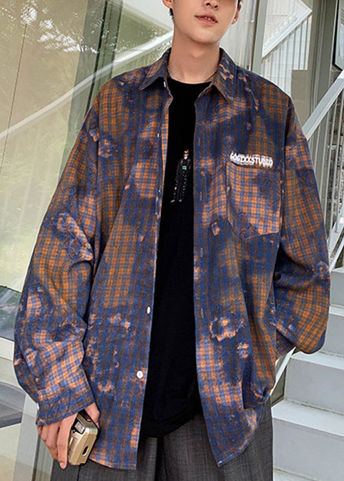 Dye Chic Tie Oversized Plaid Shirts Men's Spring Green Cotton