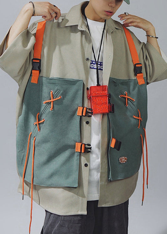 Chic Shirts Up Cotton Khaki Men Patchwork Lace Sleeve T Half