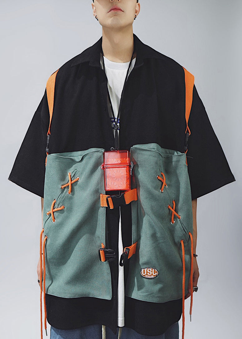 Chic Shirts Up Cotton Khaki Men Patchwork Lace Sleeve T Half