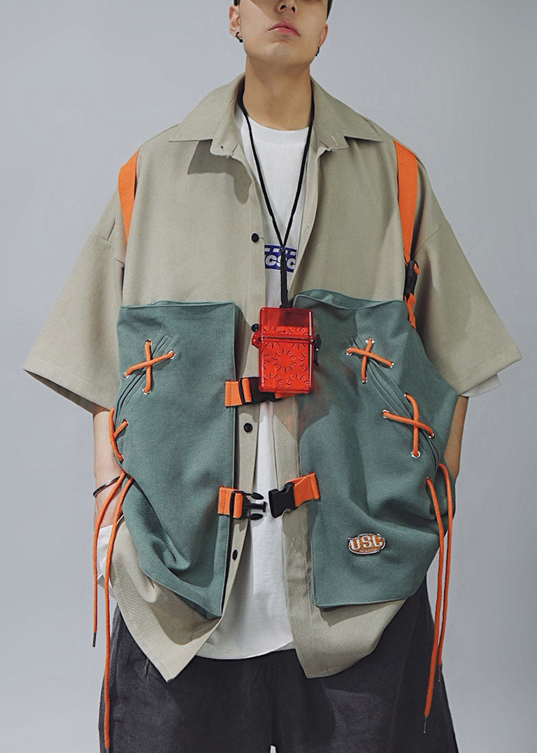 Chic Shirts Up Cotton Khaki Men Patchwork Lace Sleeve T Half