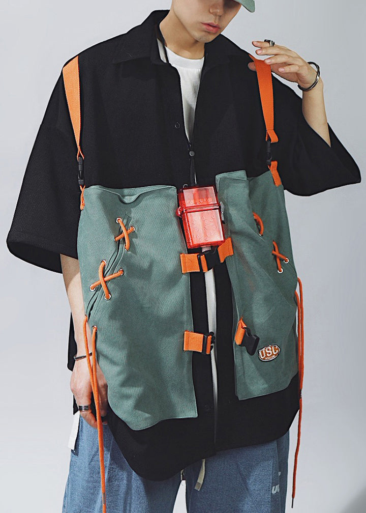 Chic Shirts Up Cotton Khaki Men Patchwork Lace Sleeve T Half