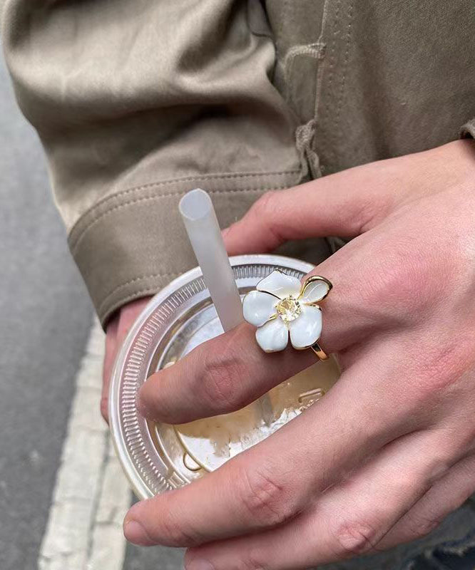 Overgild Zircon White Copper Chic Floral Rings Open