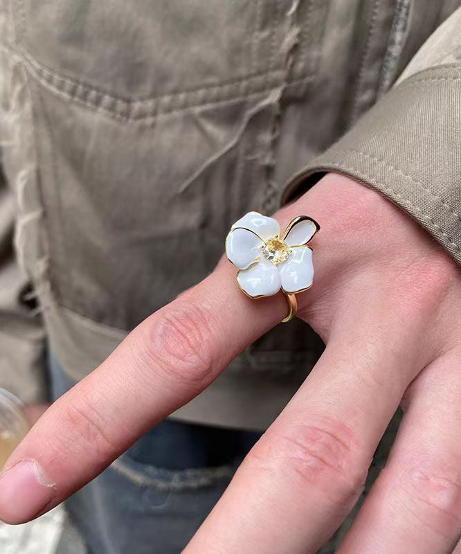 Overgild Zircon White Copper Chic Floral Rings Open