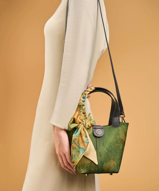 Silk Versatile Print Handbag Green Chinese Style Tote