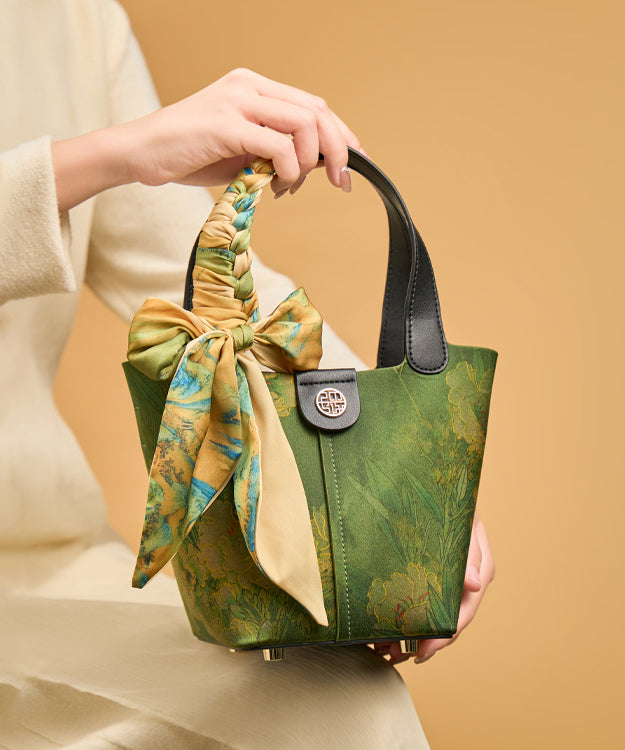 Silk Versatile Print Handbag Green Chinese Style Tote