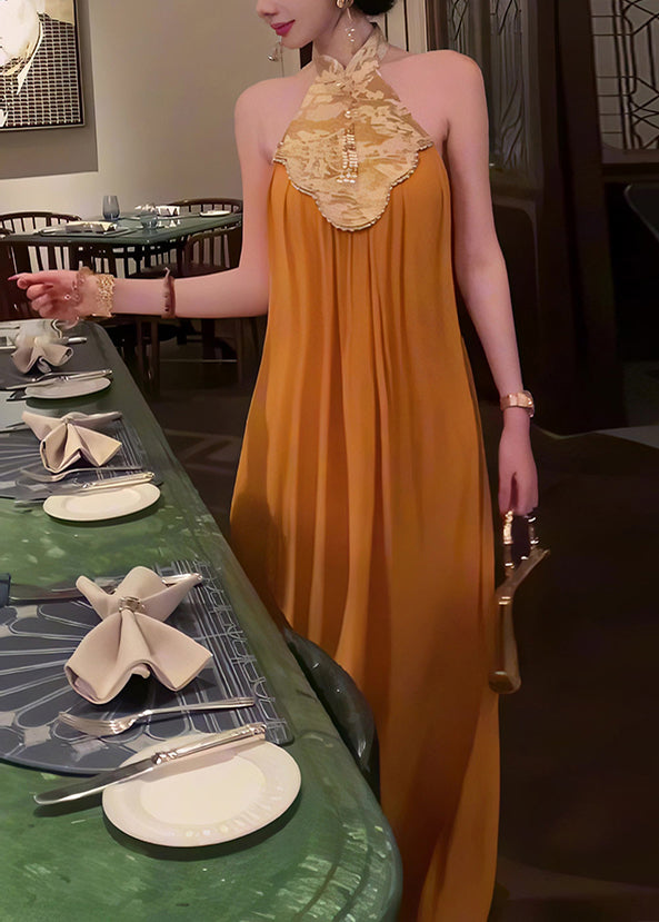 Long Collar Yellow Style Dress Stand Chinese Patchwork Summer