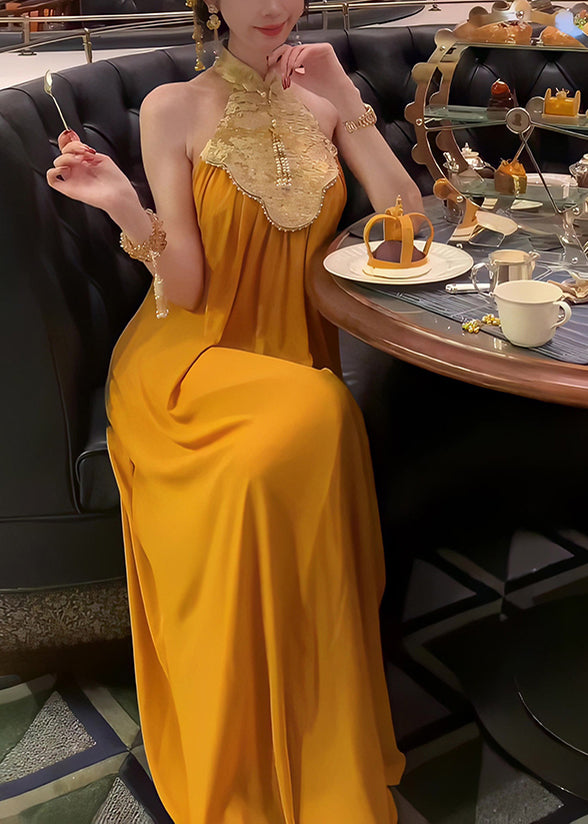 Long Collar Yellow Style Dress Stand Chinese Patchwork Summer